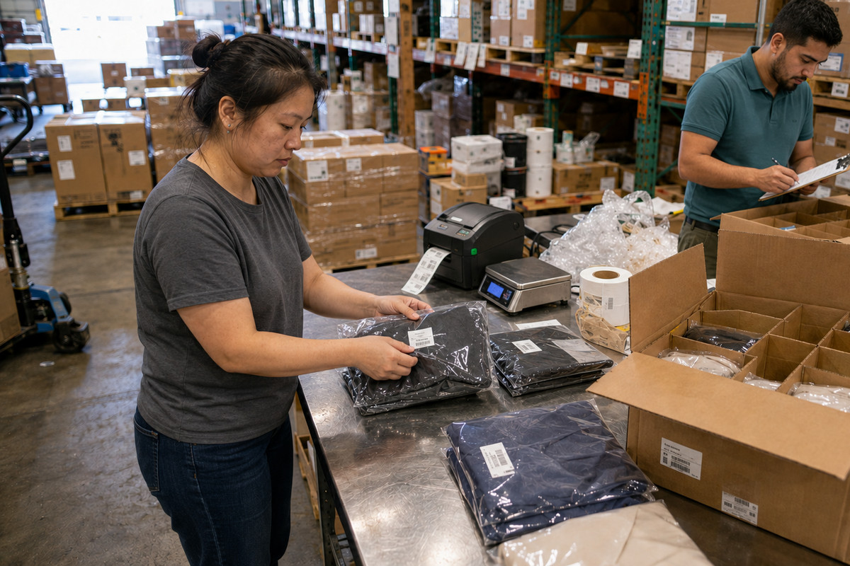Order parcels and cartons being prepared at a warehouse workstation