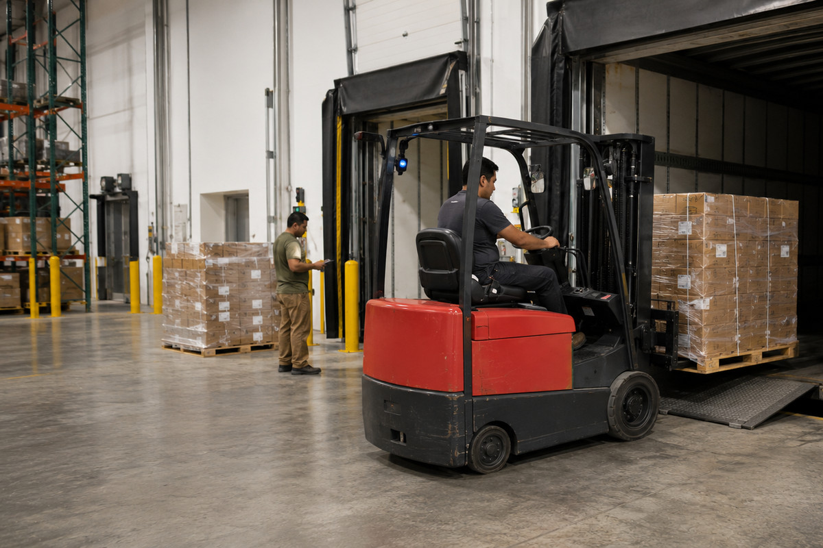 A forklift moving palletized cargo between a container trailer and dock