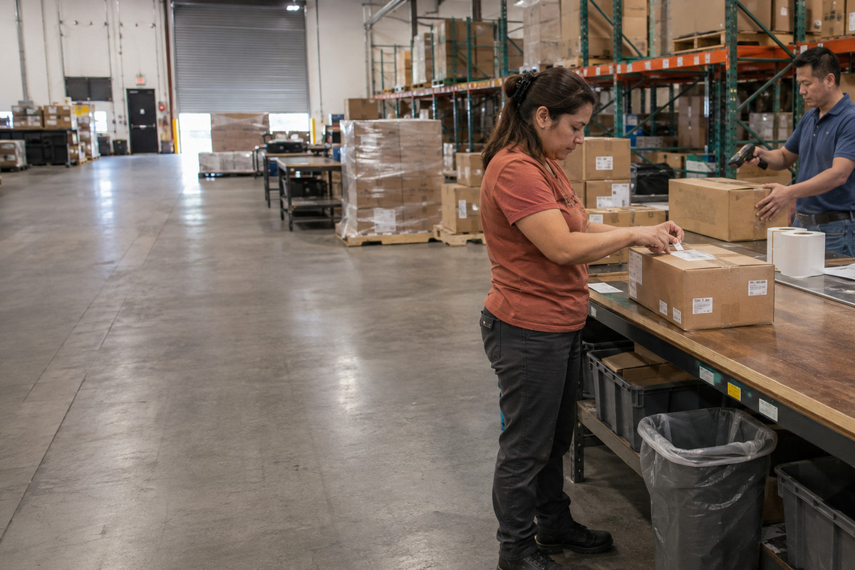 An operator labeling parcels at a packing workstation
