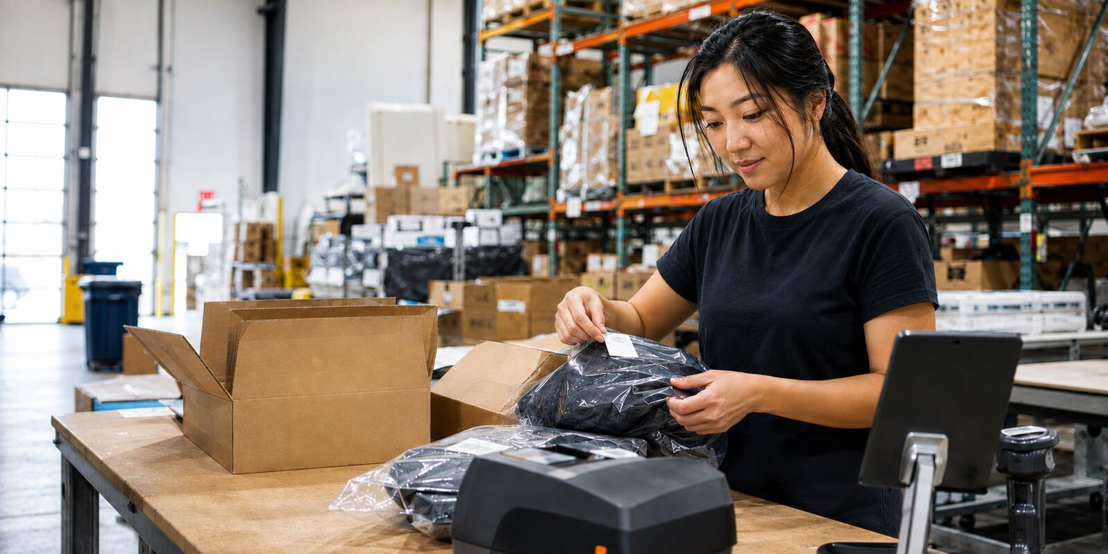 Warehouse staff scanning a Y2 parcel batch at a label-printing station